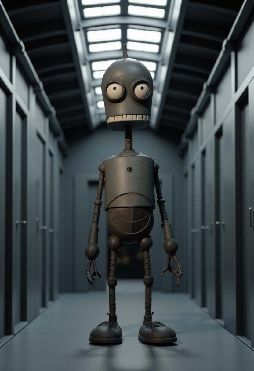 Bender in a metallic hallway in tburton_style on Tensor.Art