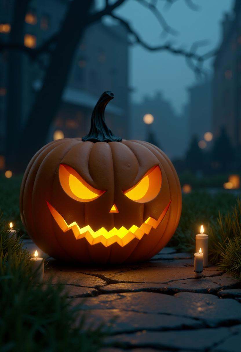 tburton_style,  a jack-o-lantern with a malevolent smile,  lit up by candles on Tensor.Art