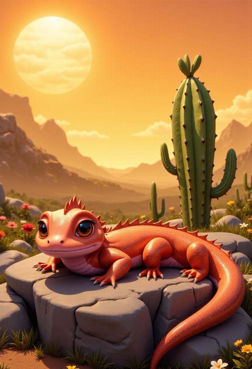 tburton_Sstyle red salamander resting on a rock under the hot desert sun,  a cactus in the background. on Tensor.Art