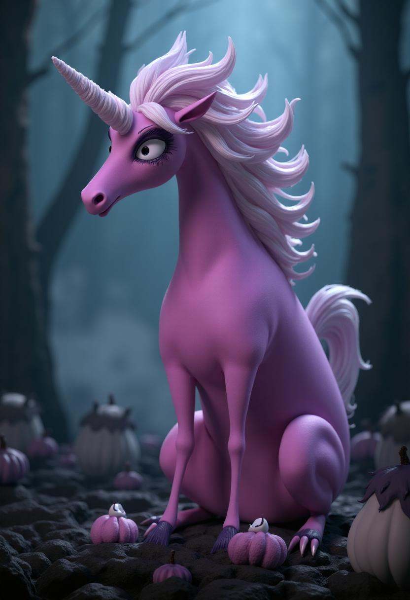 tburton_style,  pink ghost unicorn,  in an ethereal and spooky forest. on Tensor.Art