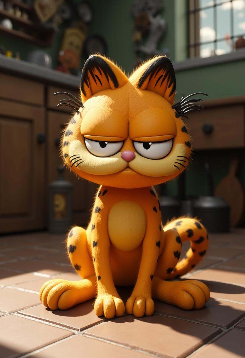 tburton_style,  Garfield sitting on a kitchen floor on Tensor.Art