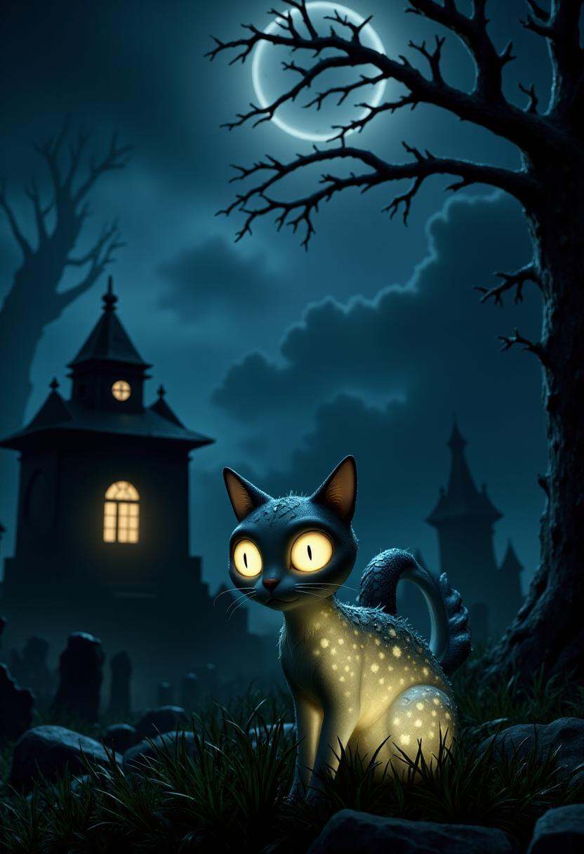 tburton_style,  luminescent cat in a cemetery. on Tensor.Art