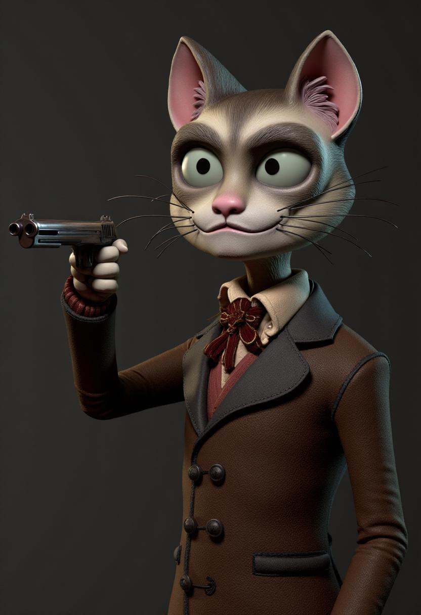 tburton_style,  anthropomorphic cat pointing a gun at the viewer on Tensor.Art