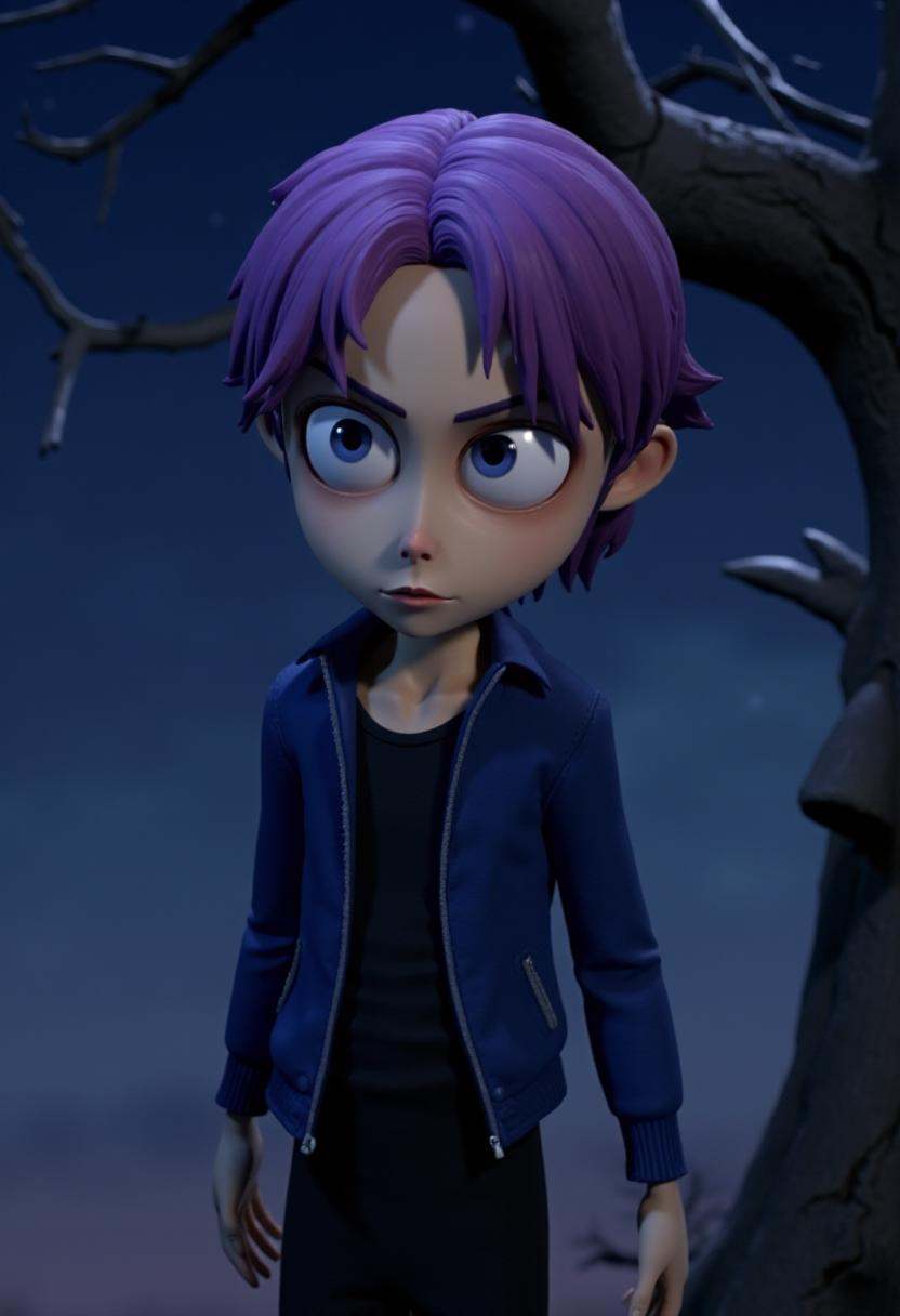 tburton_style,  3D render,  a serious looking teenage boy with straight purple hair parted in the middle on Tensor.Art