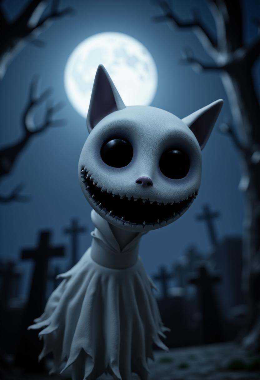tburton_style,  a ghostly cat with large black eyes and a huge black smile,  floating over a cemetary at night on Tensor.Art