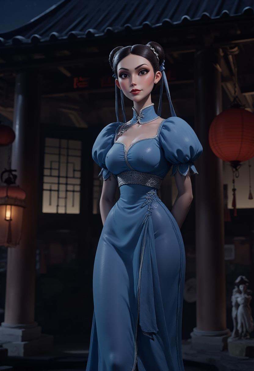 tburton_style,  chunli,  blue chinese dress on Tensor.Art