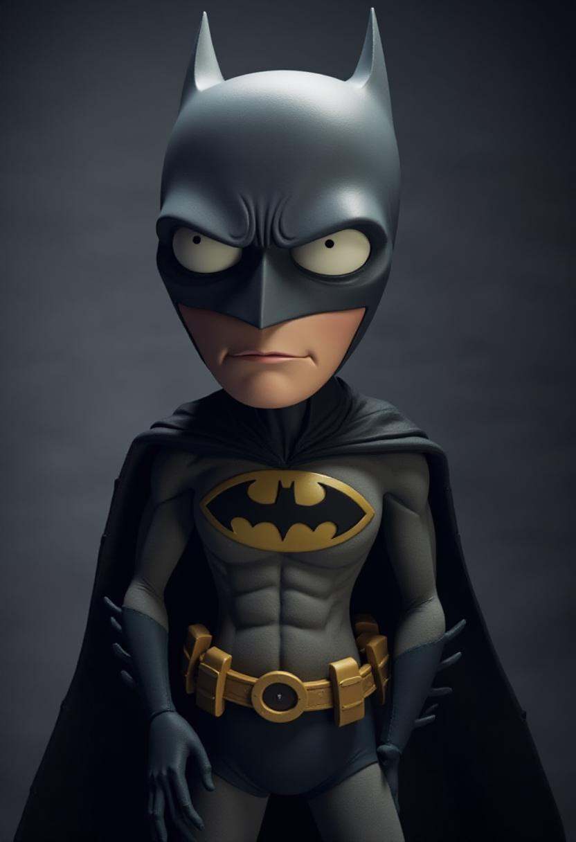 tburton_style,  3D render of Batman,  with wide white eyes and exaggerated features on Tensor.Art
