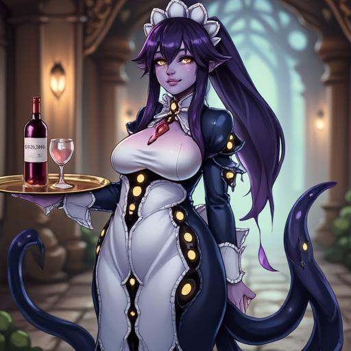 a highly detailed digital art portrait of shogg0th,  wearing her maid_dress and maid headdress,  carrying a tray with a bo...
