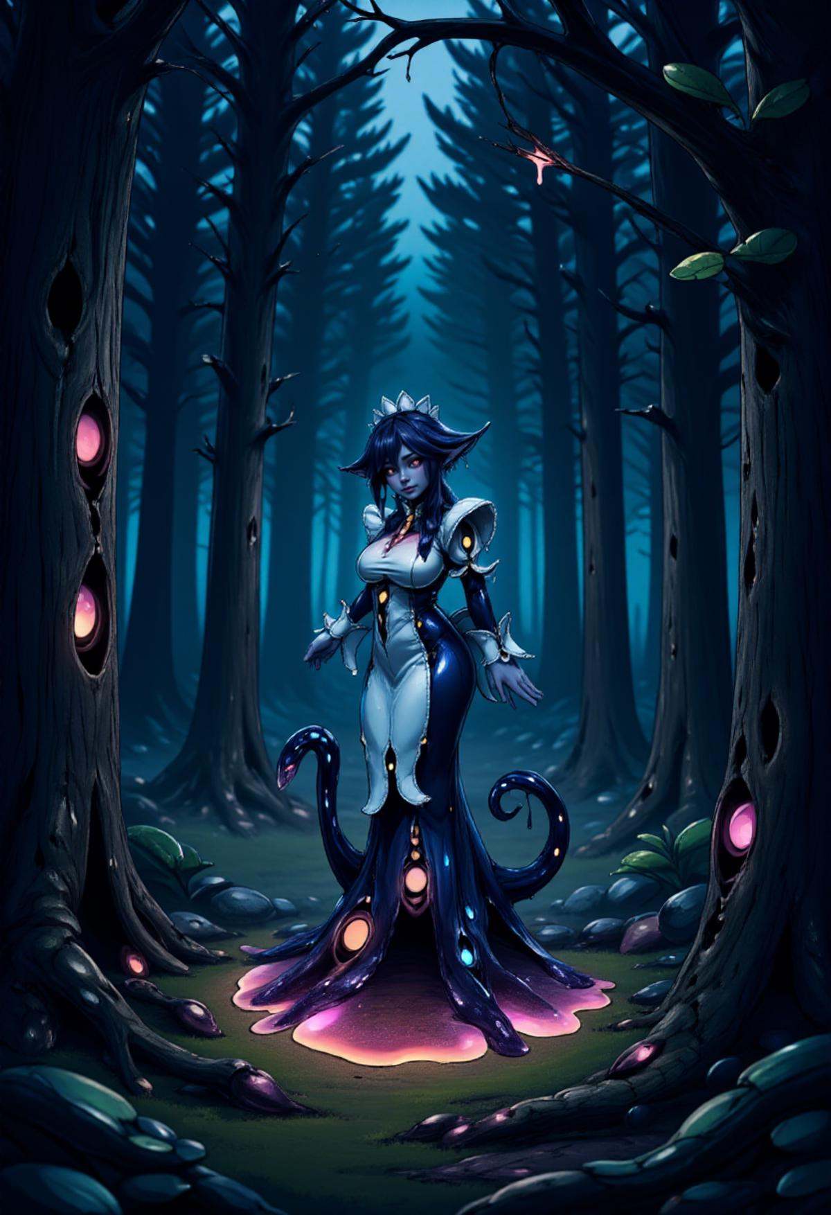 image of shogg0th with a maid_dress,  standing in a forest grove in the middle of the night on Tensor.Art
