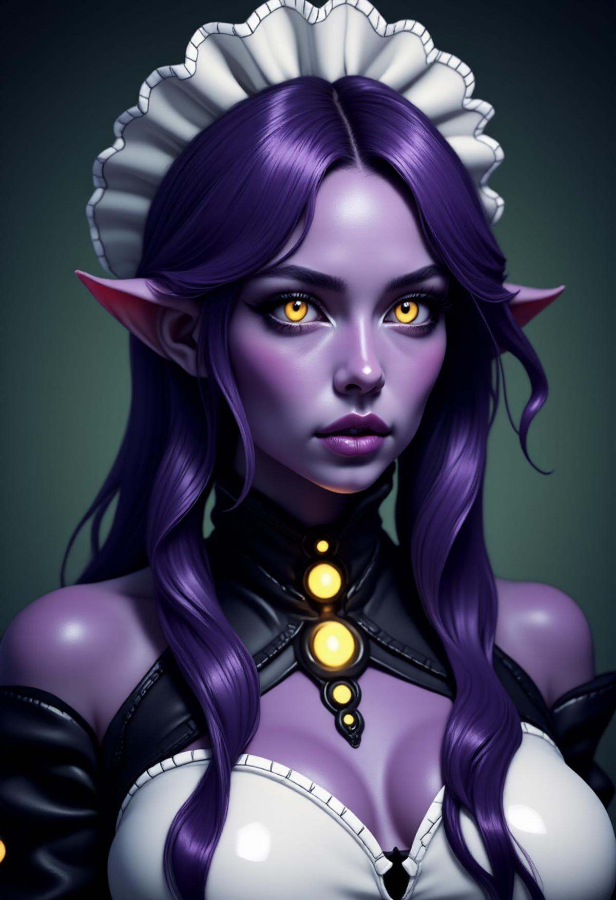 A photographic portrait of Shogg0th wearing her maid headdress,  purple skin,  realistic on Tensor.Art