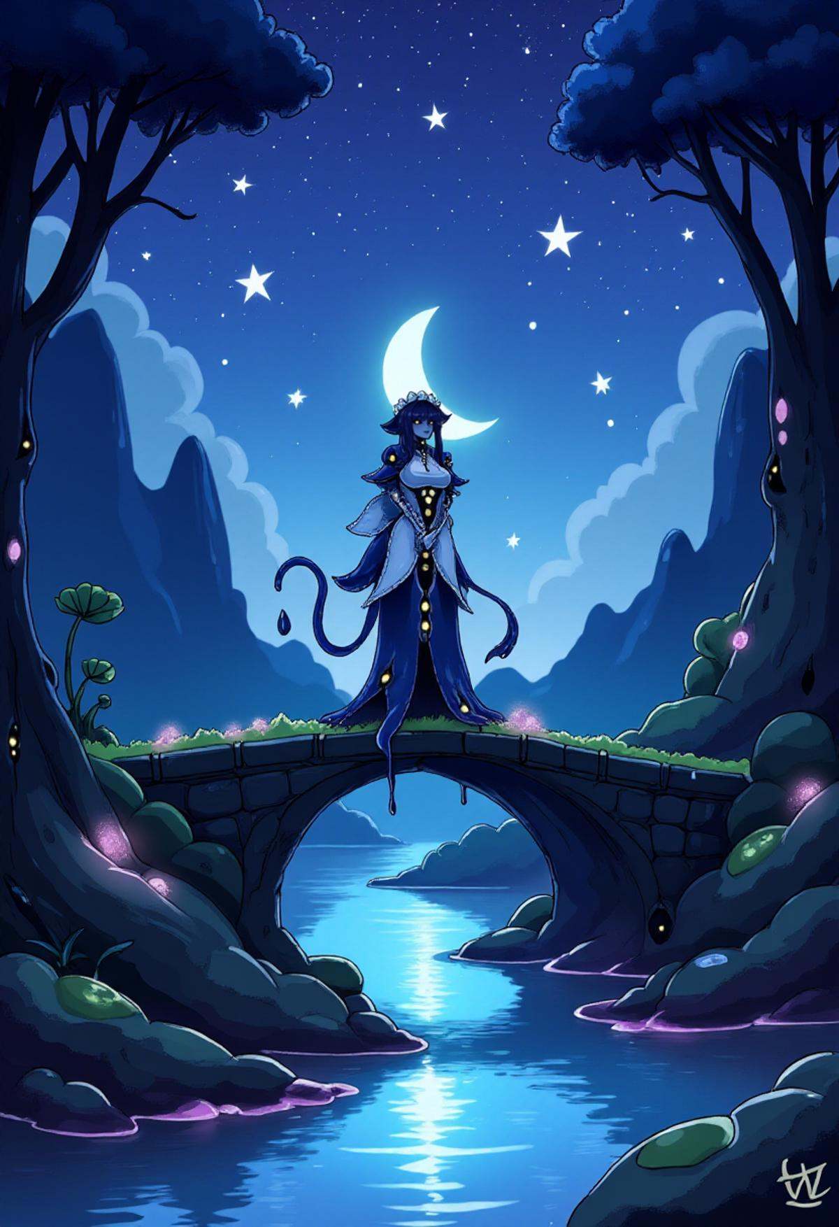 A full body illustration of Shogg0th wearing her maid_dress standing on a stone bridge spanning a river that is reflecting...