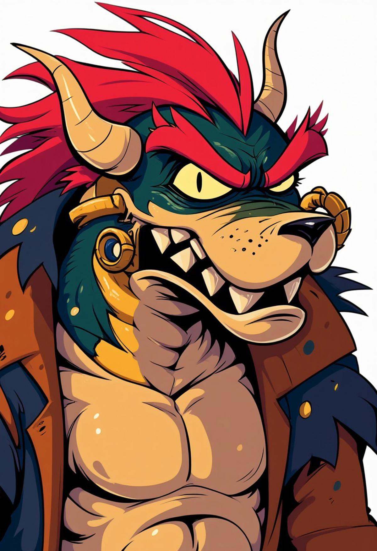 drawn in hhstyle,  upper body image of Bowser showing his sharp teeth on Tensor.Art
