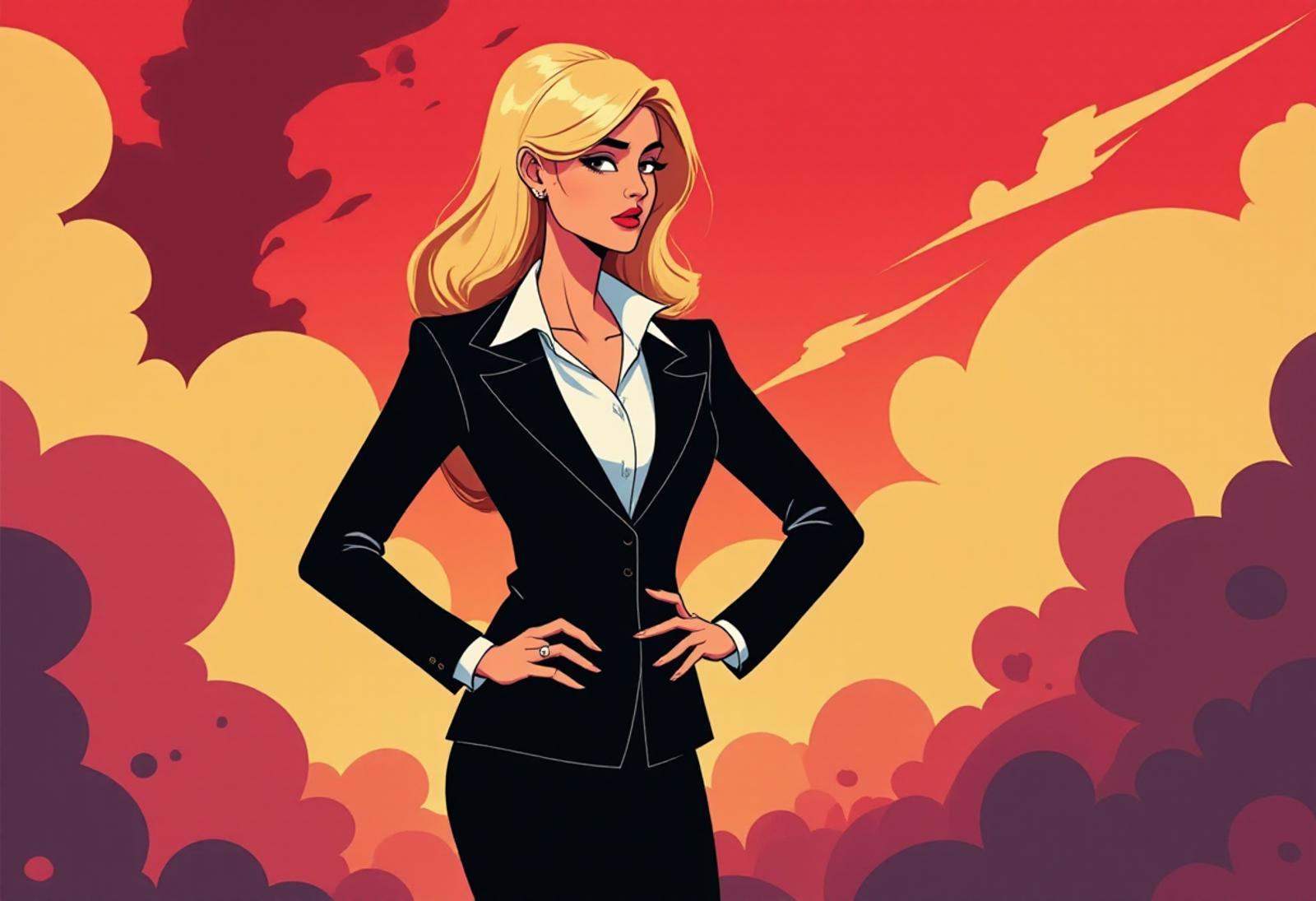 hhstyle drawing,  A woman in a formal black suit and a white blouse stands in hell,  striking a confident pose with her in...