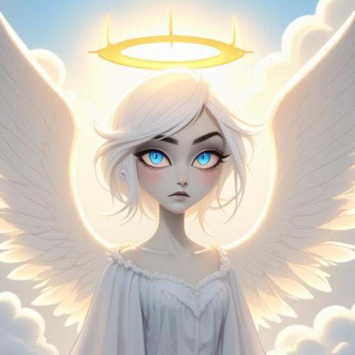 hhstyle digital art of a pure white skin angel with a glowing yellow halo and bright blue eyes. The background is of a cit...