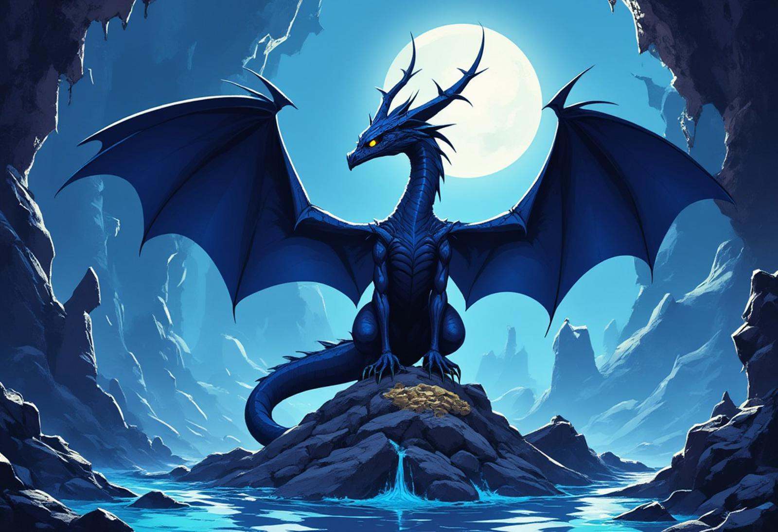 dark blue dragon atop a mountain of gold in an ice cavern on Tensor.Art