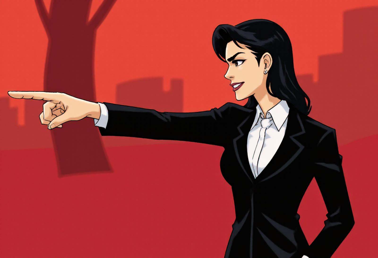 pwobjectionpose,  hhstyle drawing,  A woman in a formal black suit and a white blouse stands in hell on Tensor.Art