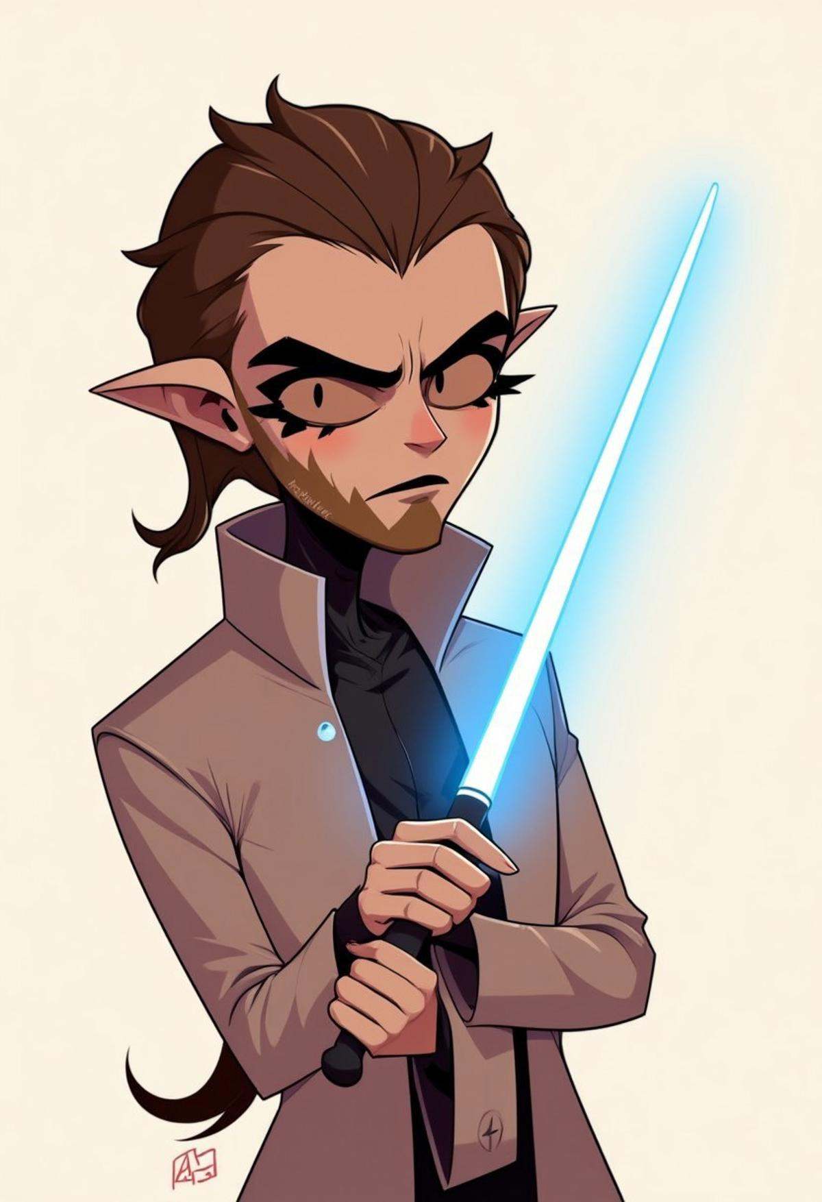 cartoon,  a jedi with a brown beard and sleeveless robe,  holding a single blue lightsaber on Tensor.Art