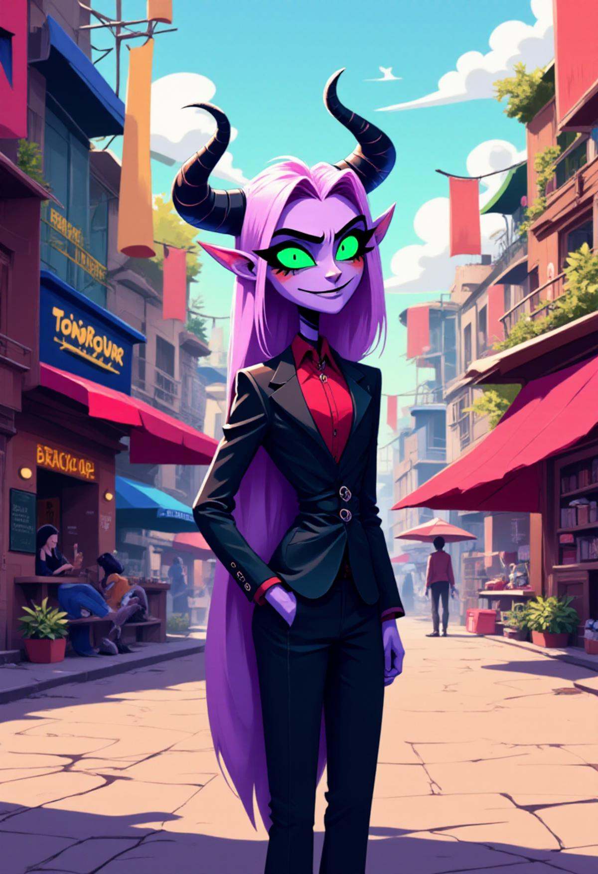 Hhstyle drawing of a bustling,  vibrant city in which a cheerful demon girl stands confidently on a sunny street corner,...