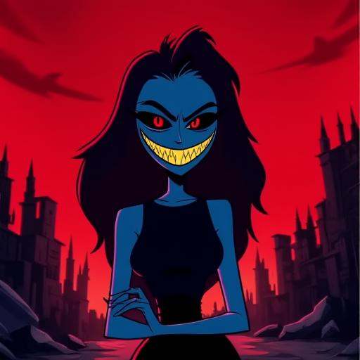 hhstyle animation upper body picture of a blue-skinned female demon showing her sharp teeth. She has yellow sclera and a r...