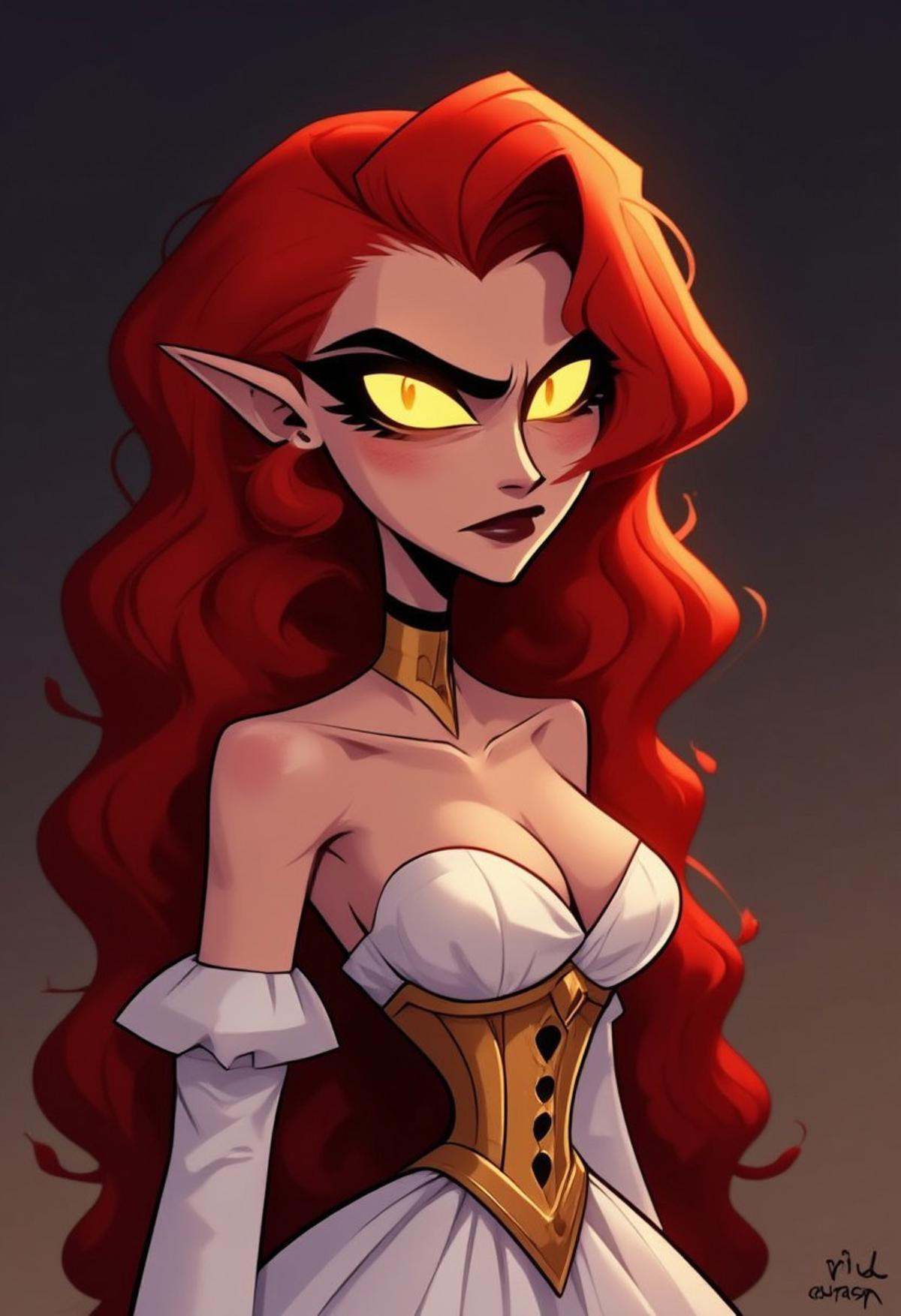 (hhstyle),  a female elf with curly red hair,  with glowing golden eyes on Tensor.Art