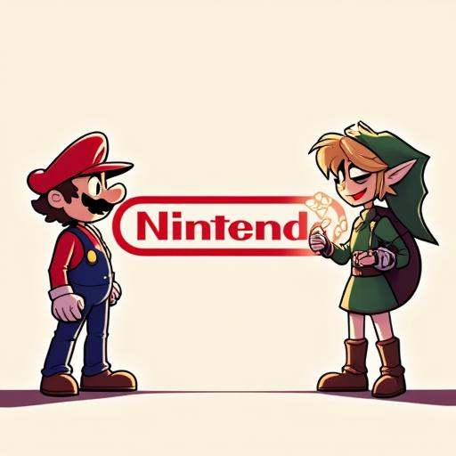 hhstyle animation picture of Mario and Link standing on either side of the Nintendo logo. on Tensor.Art