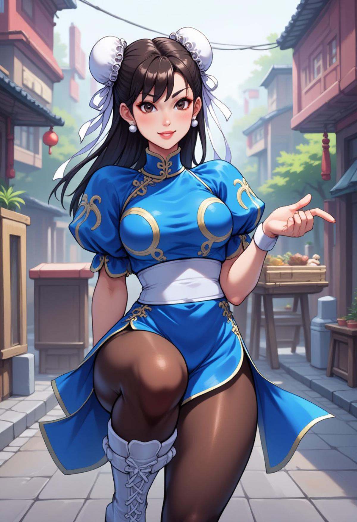 Anime image of Chunli wearing a blue chinese dress,  pantyhose,  pelvic curtain on Tensor.Art