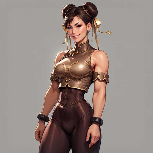 An upper body image of Chunli wearing a sleeveless top and tight legging,  with a smile. on Tensor.Art