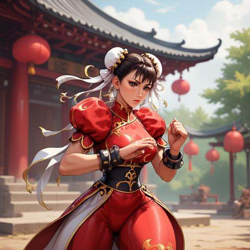 An image of Chunli in her battle stance,  wearing her chinese dress,  with a temple background on Tensor.Art
