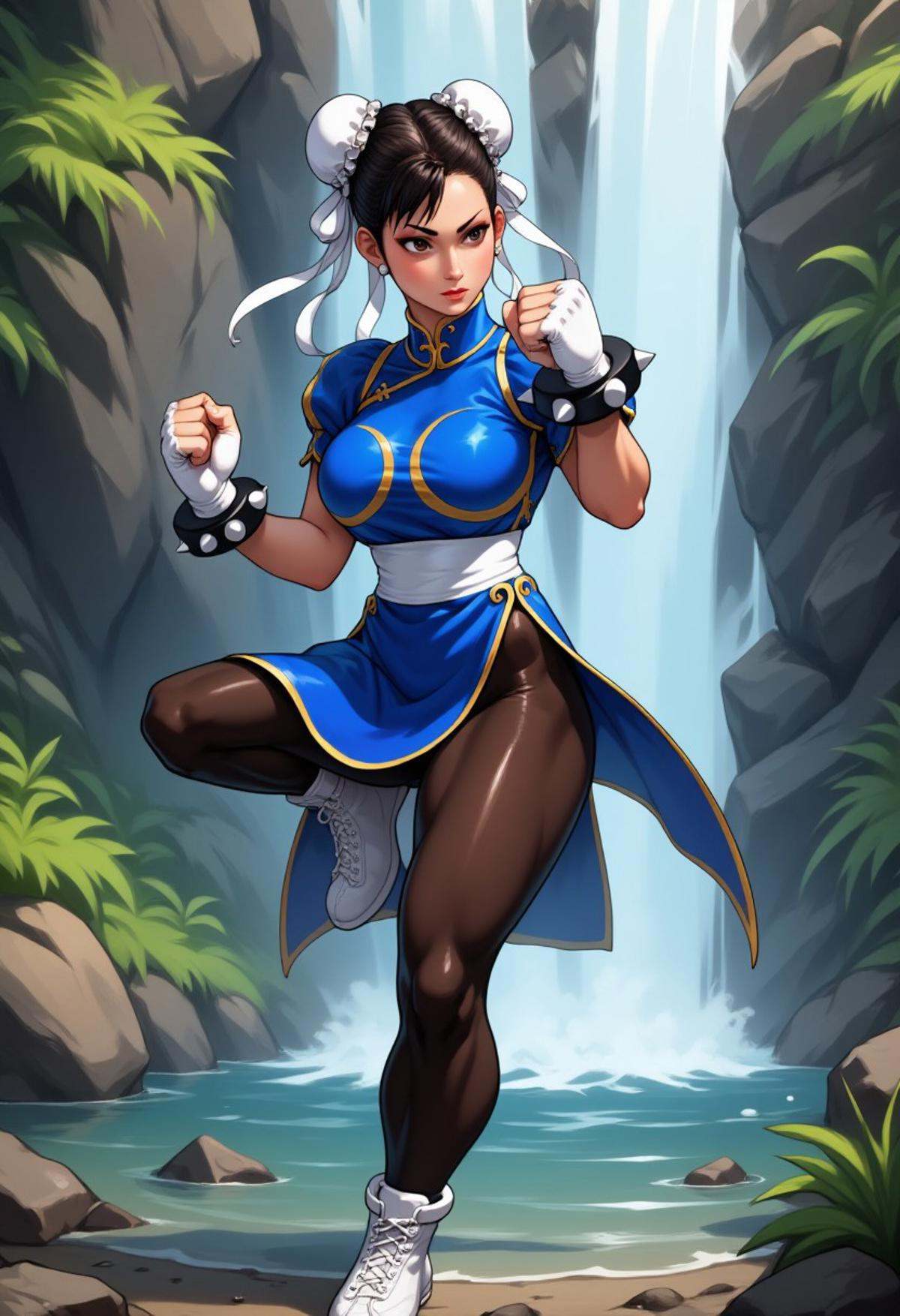 Chunli on one foot,  leg up,  blue chinese dress on Tensor.Art