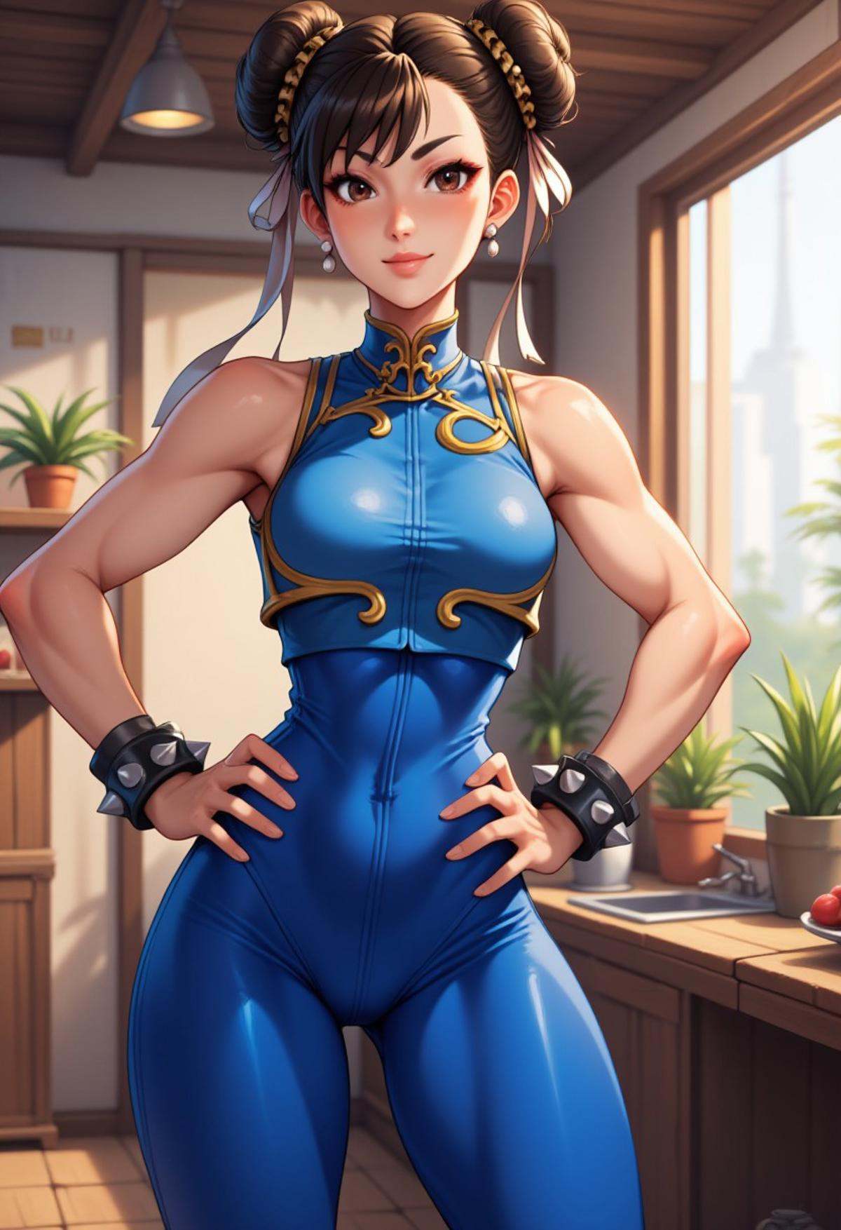 Anime image of Chunli wearing sleeveless blue top,  tight blue leggings,  hands on hips on Tensor.Art