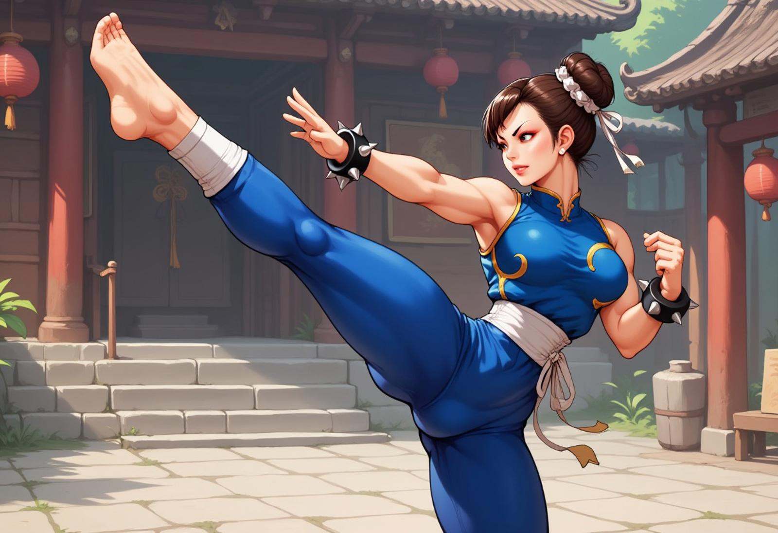 Chunli on one foot,  profile view,  high kick on Tensor.Art