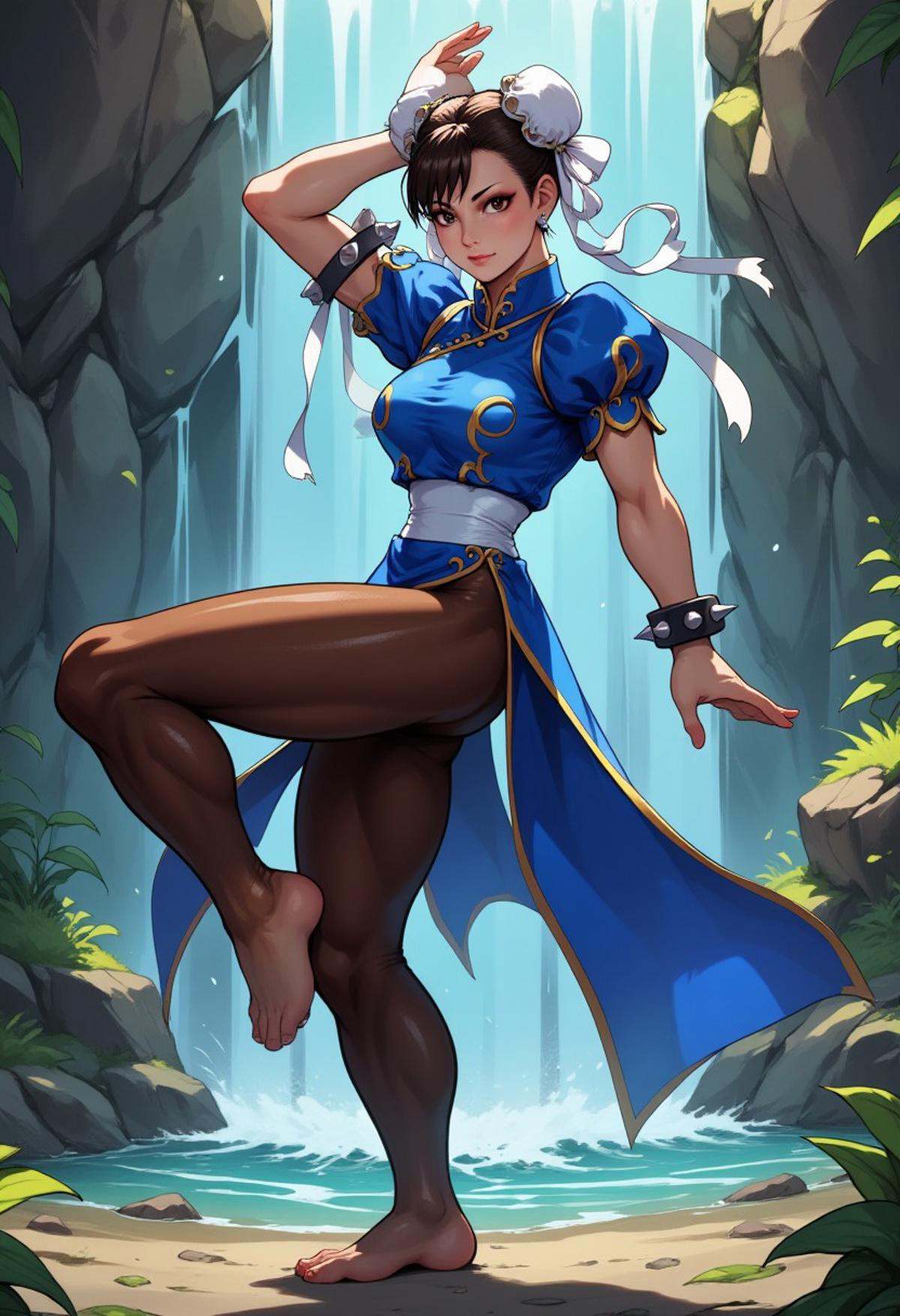 Chunli on one foot,  leg up,  blue chinese dress on Tensor.Art