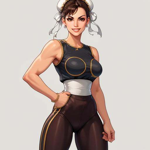 An upper body image of Chunli wearing a sleeveless top and tight legging,  with a smile. on Tensor.Art