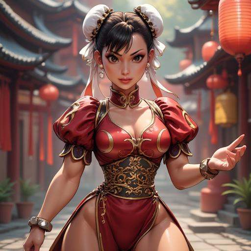 An image of Chunli in her battle stance,  wearing her chinese dress,  with a temple background on Tensor.Art
