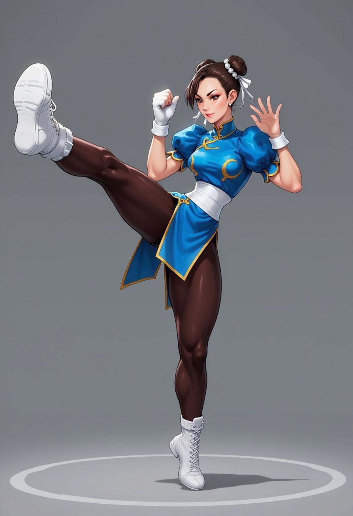 Game render image of Chunli wearing a blue chinese dress,  pantyhose,  pelvic curtain on Tensor.Art
