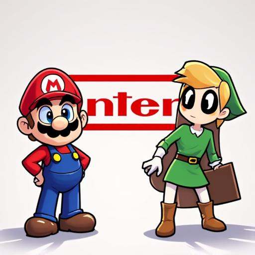 hhstyle animation picture of Mario and Link standing on either side of the Nintendo logo. on Tensor.Art
