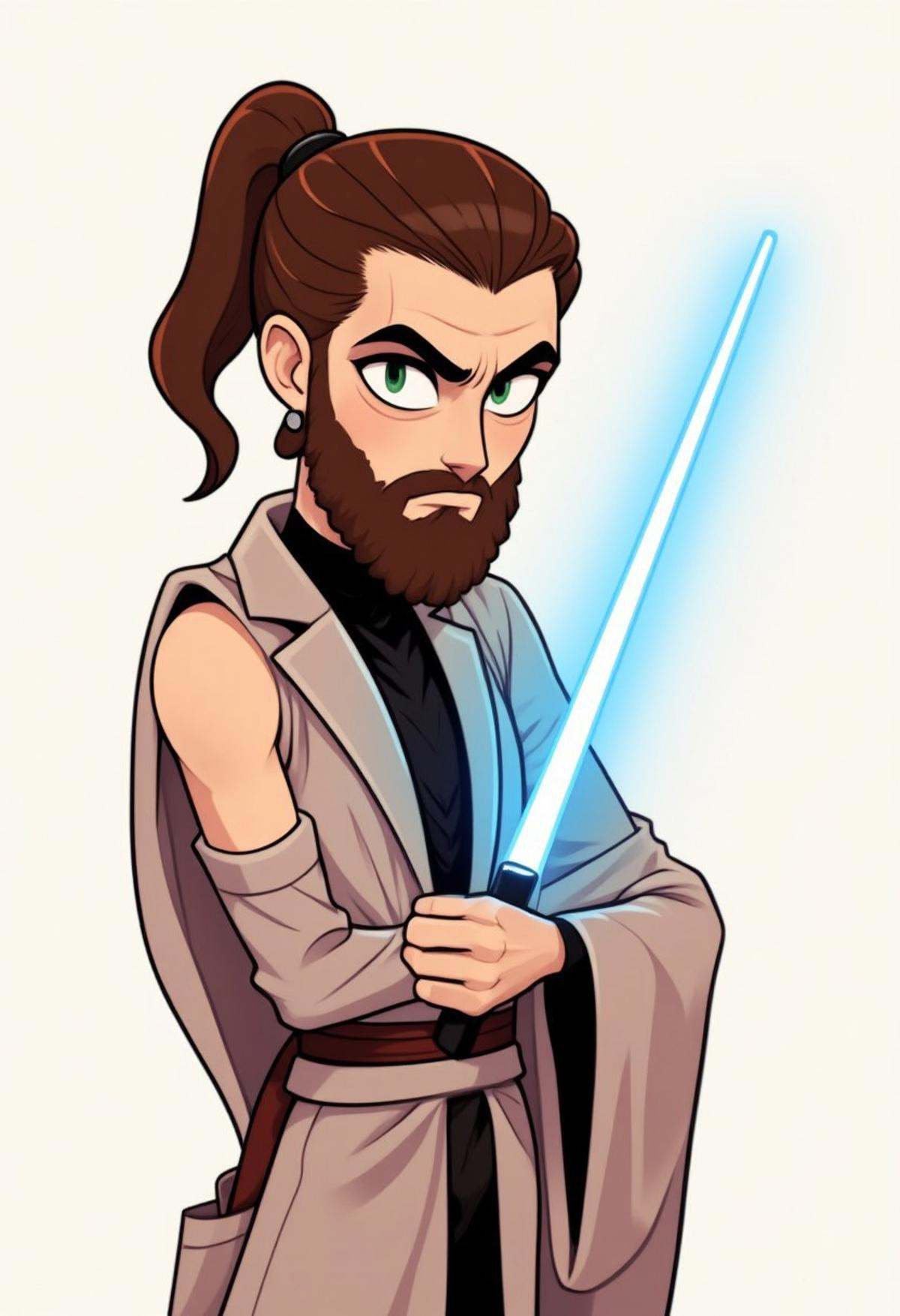 cartoon,  a jedi with a brown beard and sleeveless robe,  holding a single blue lightsaber on Tensor.Art