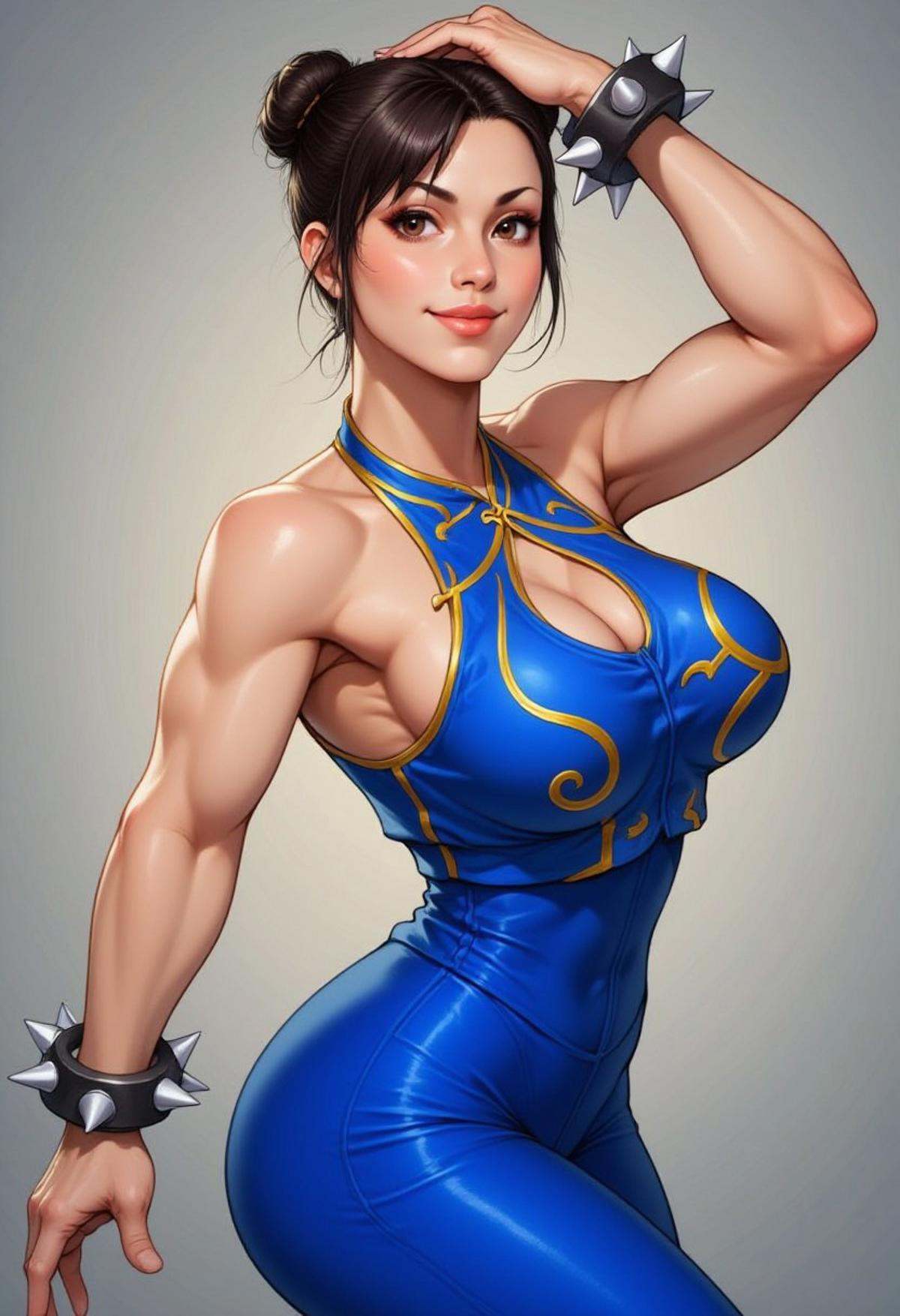 Chunli,  blue sleeveless halter top,  blue-full-leotard on Tensor.Art