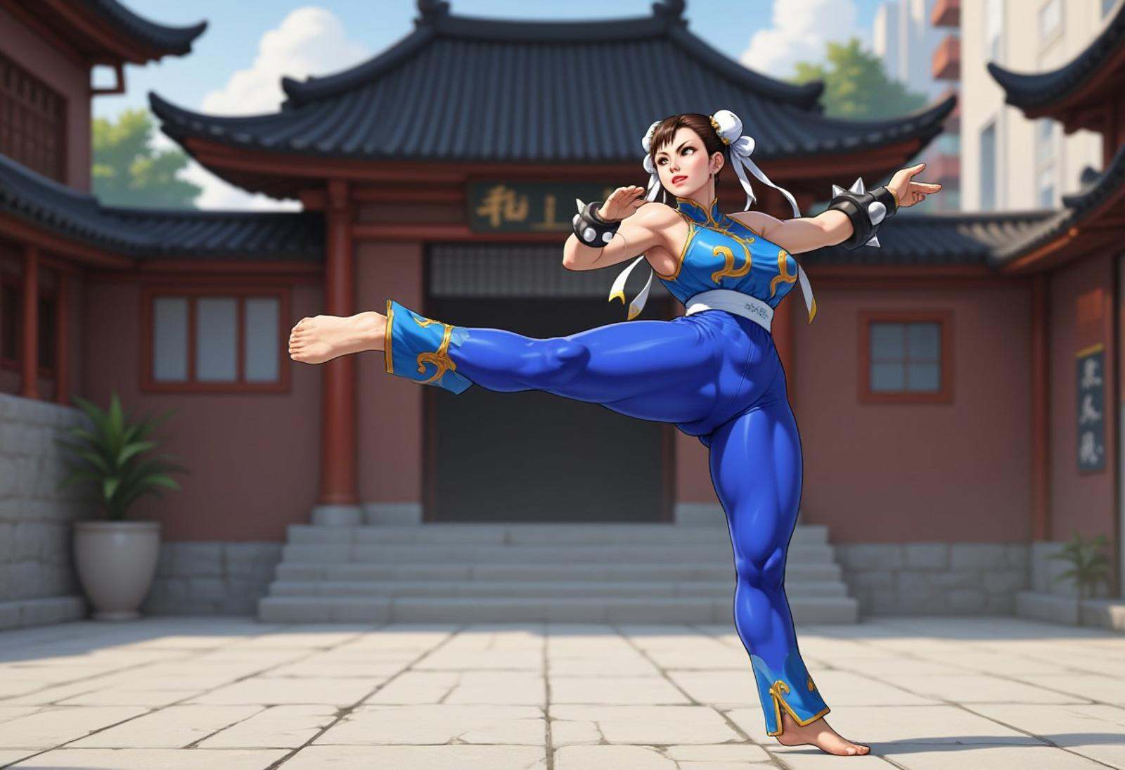 Chunli on one foot,  profile view,  high kick on Tensor.Art