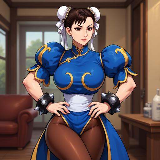 Anime image of Chunli wearing her classic blue dress,  pantyhose,  hands on hips on Tensor.Art
