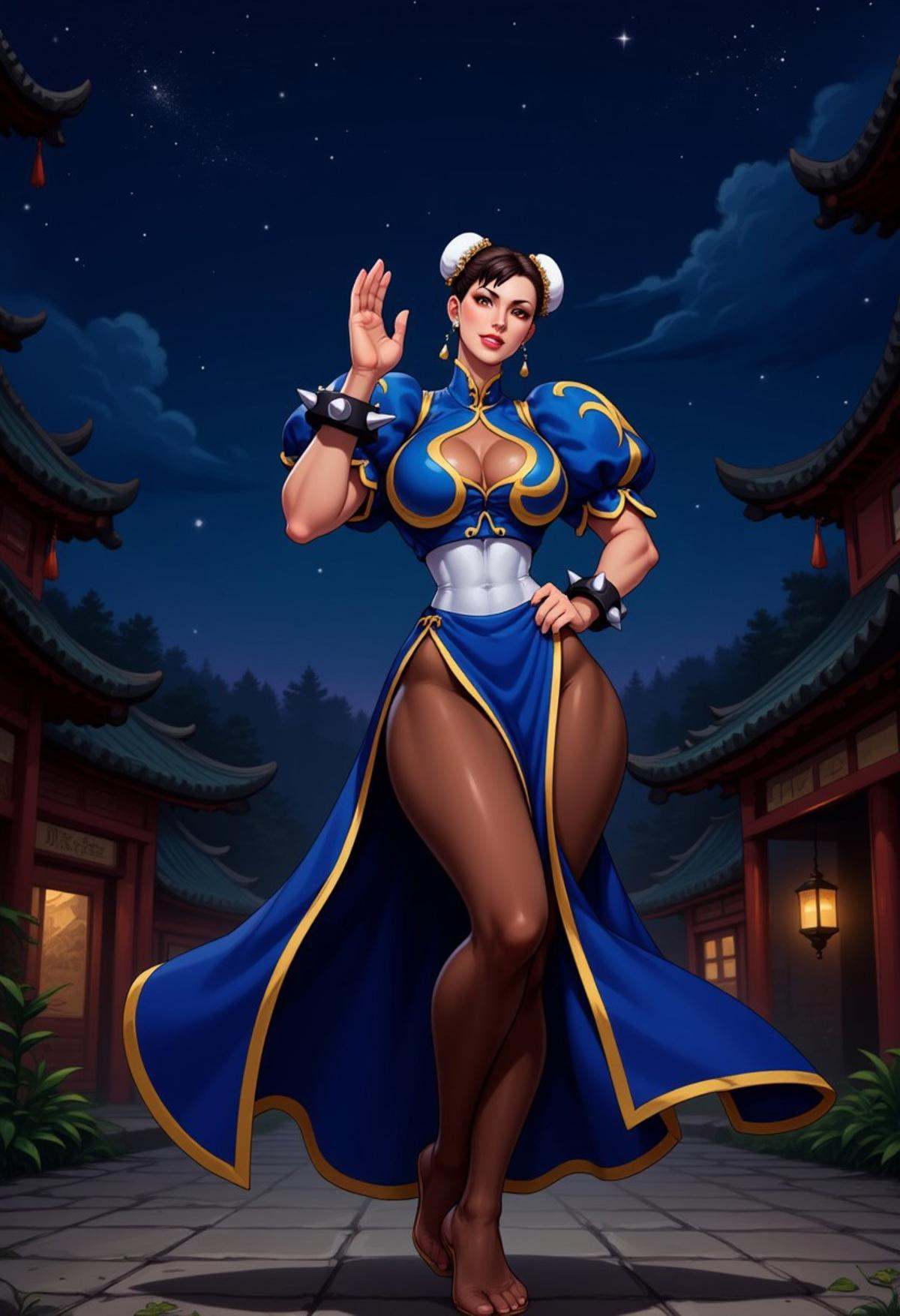 Photograph of chunli standing with her one hand on her hip,  the other waving,  wearing her classic bluedress on Tensor.Art