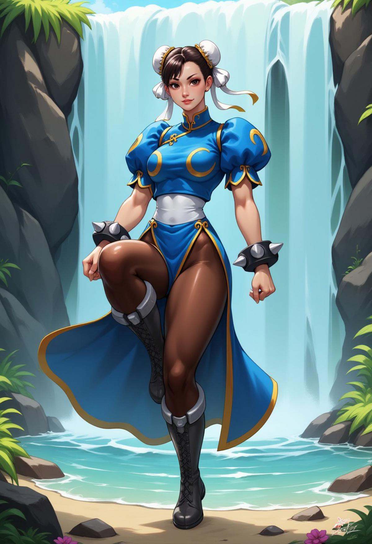Chunli on one foot,  leg up,  classic blue dress on Tensor.Art