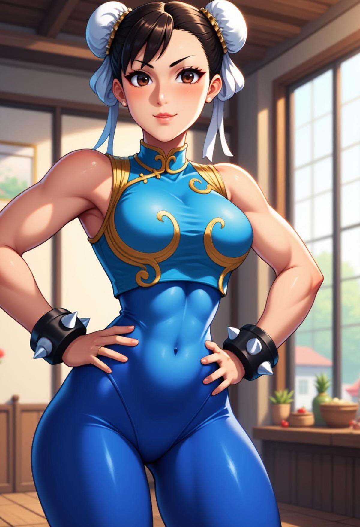 Anime image of Chunli wearing blue sleeveless halter top,  blue-full-leotard covering her body and legs,  hands on hips on...