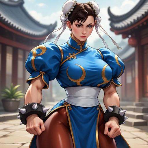 An image of Chunli in a battle stance,  wearing her classic blue dress,  with pelvic curtain and pantyhose. There is her s...