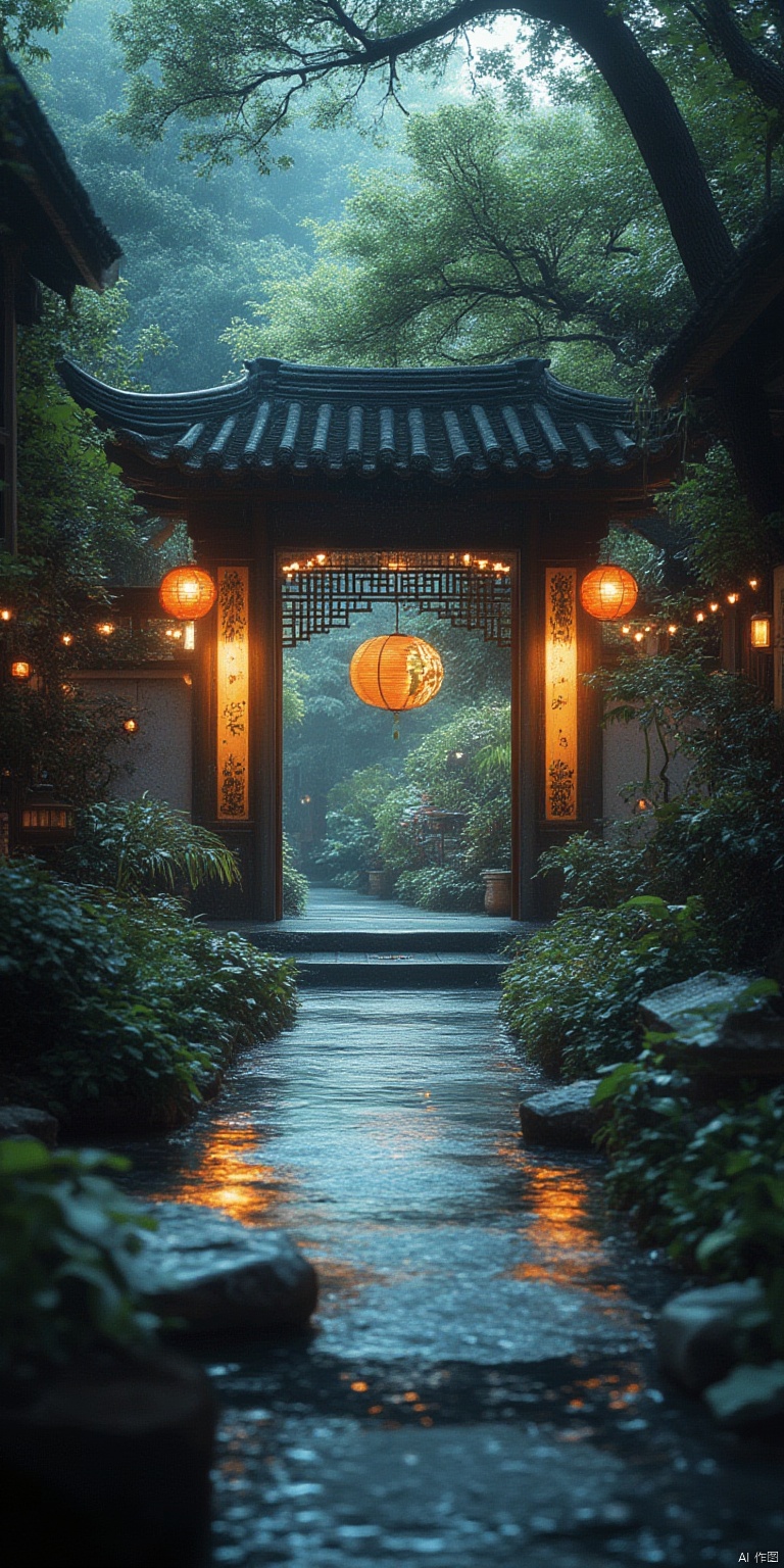 no humans, scenery, tree, outdoors, architecture, east asian architecture, nature, forest, lantern, water, day, plant