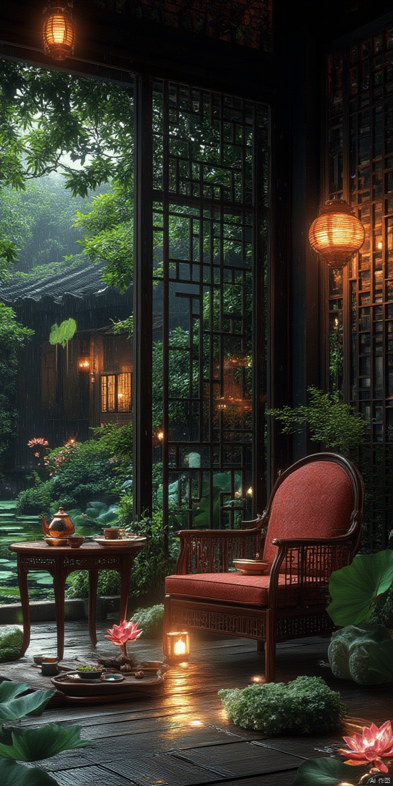 no humans, scenery, architecture, plant, lantern, table, window, east asian architecture, rain, chair, plate, flower, lamp, lily pad, potted plant, lattice, pond, vase, wooden floor, food, teapot, tree, cup