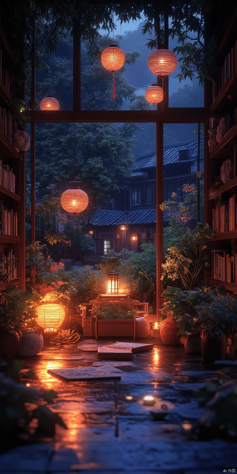 no humans, scenery, plant, lantern, tree, potted plant, window, lamp, bookshelf, book, reflection, indoors, paper lantern