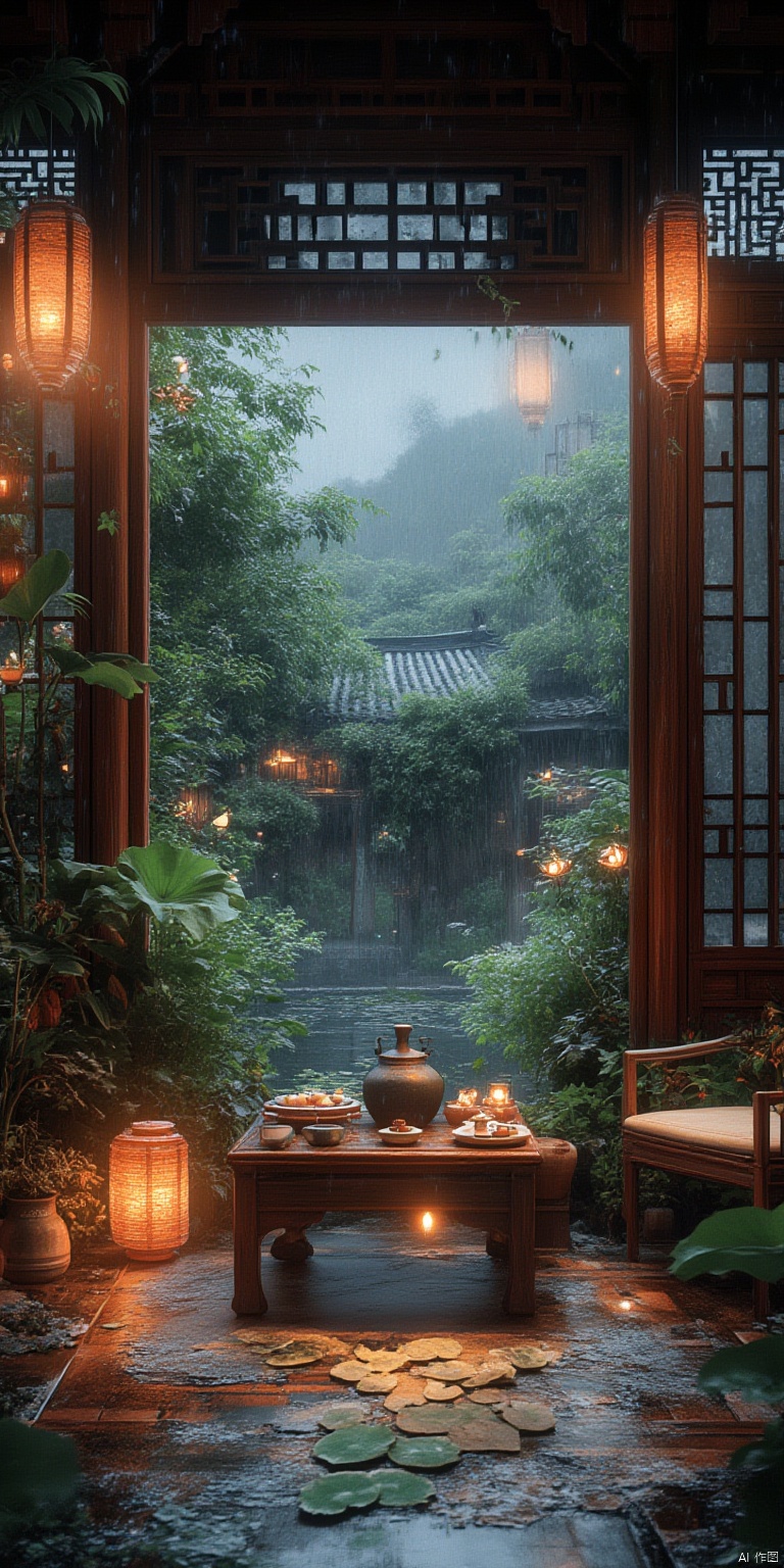 no humans, scenery, architecture, plant, lantern, table, window, east asian architecture, rain, chair, plate, flower, lamp, lily pad, potted plant, lattice, pond, vase, wooden floor, food, teapot, tree, cup