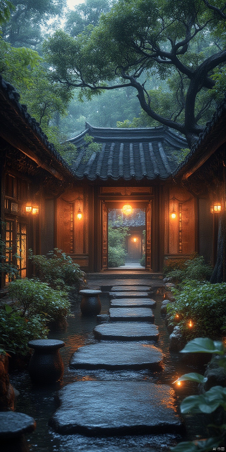 no humans, scenery, tree, outdoors, architecture, east asian architecture, nature, forest, lantern, water, day, plant
