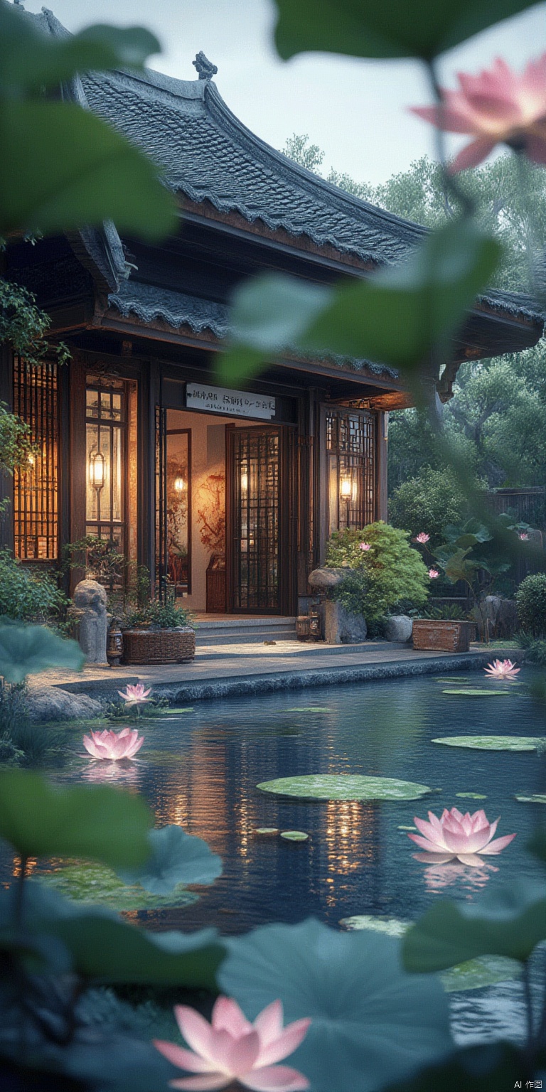 no humans, lily pad, architecture, scenery, east asian architecture, lotus, flower, instrument, reflection, tree, water, blurry, plant, pond, petals, sky, depth of field, reflective water